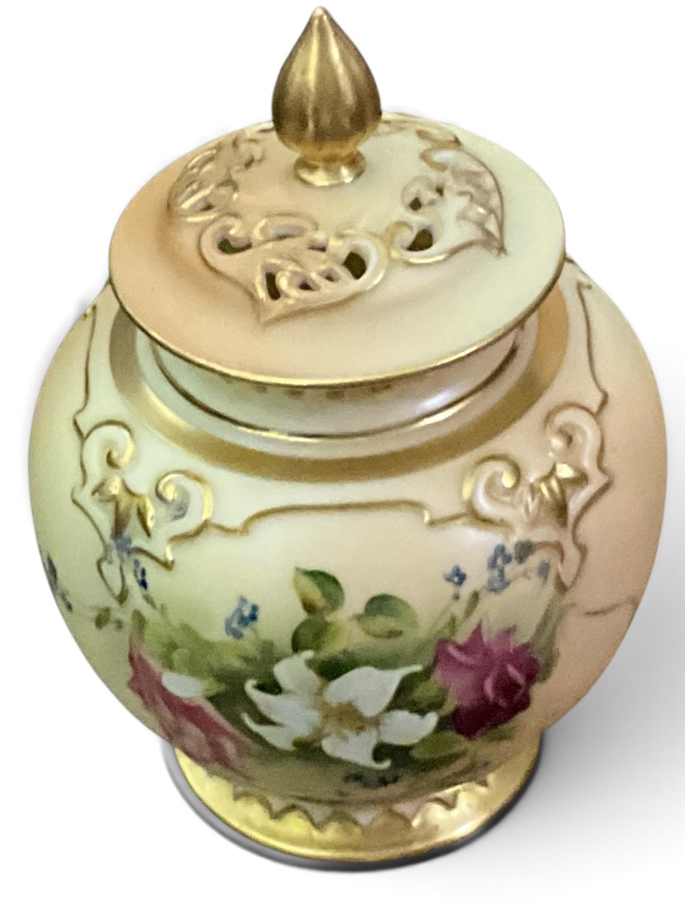Antique Royal Worcester Potpourri Jar Hand Painted Floral Gilt c1914 England